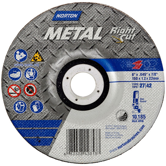 Norton 66252842015 6x.045x7/8 In. Metal RightCut AO Right Angle Cut-Off Wheels, Type 27/42, 60 Grit, 25 pack