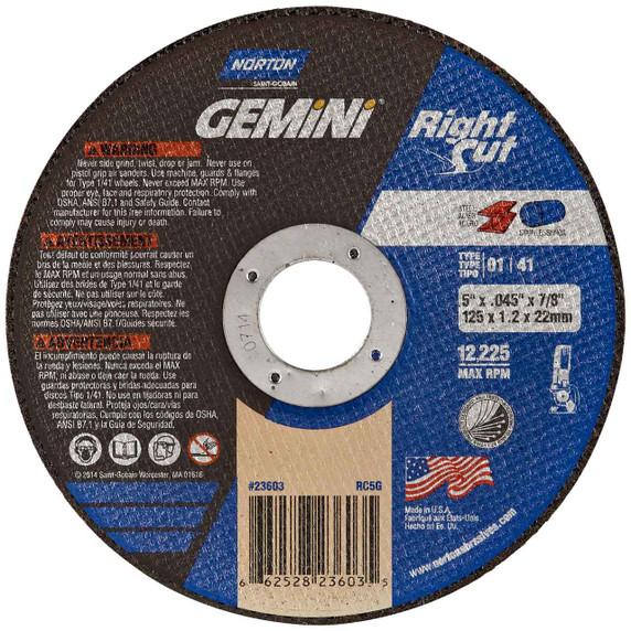 Norton 66252823603 5x.045x7/8 In. Gemini RightCut AO Reinforced Right Angle Cut-Off Wheels, Type 01/41, 36 Grit, 25 pack