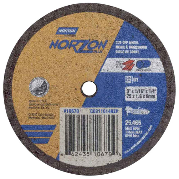 Norton 66243510670 3x1/16x1/4 In. NorZon Plus 5SGZ CA/ZA Small Diameter Reinforced Cut-Off Wheels, Type 01/41, 36 Grit, 25 pack