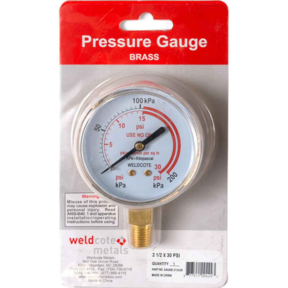 Weldcote Metals GAUGE212X30 Pressure Gauge 2-1/2" X 30 PSI, Brass