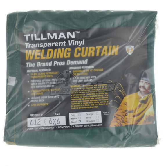 Tillman 612R66 6x6 ft Green Vinyl Coated Poly FR Welding Curtain with Grommets all Around