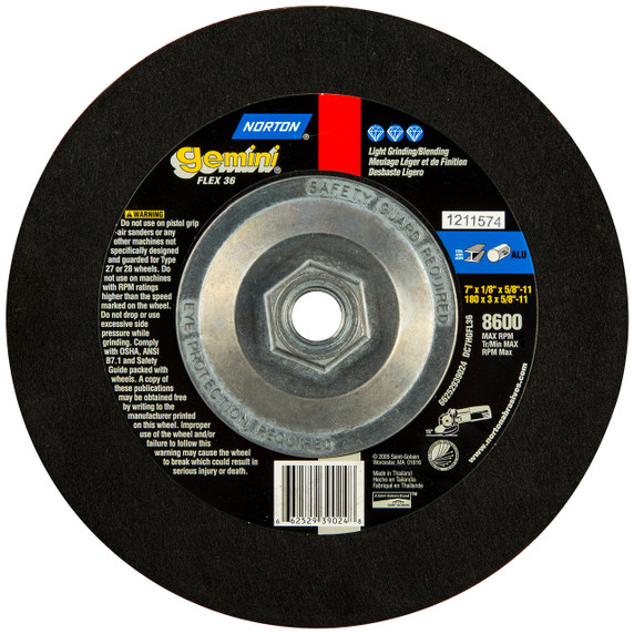 Norton 66252939024 7x1/8x5/8 - 11 In. Gemini Flexible AO Grinding Wheels, Type 27, 36 Grit, 10 pack