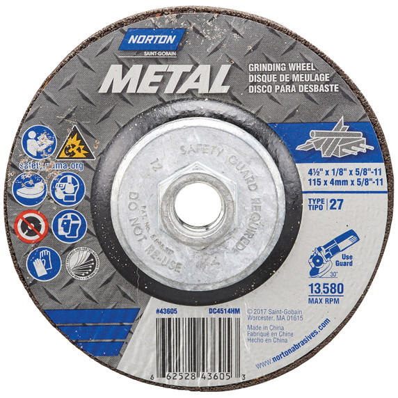 Norton 66252843605 4-1/2x1/4x5/8 - 11 In. Metal AO Grinding Wheels, Type 27, 24 Grit, 10 pack