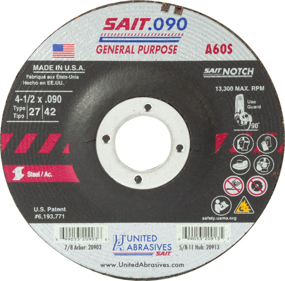 United Abrasives SAIT 20903 4-1/2x.090x7/8 A60S General Purpose Cutting Notching Wheels, 25 pack