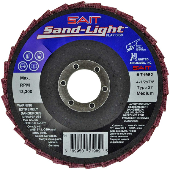 United Abrasives SAIT 71982 4-1/2x7/8 Sand-Light Flap Discs Type 27 Medium MAROON, 5 pack
