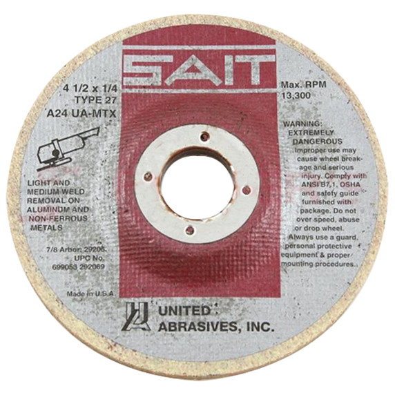 United Abrasives SAIT 29206 4-1/2x1/4x7/8 A24 Cotton Fiber UA-MTX Resin Bond Type 27 Blending Wheel, 10 pack