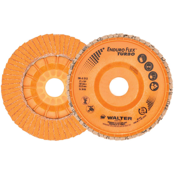 Walter 06A512 5x7/8 Enduro-Flex Turbo Discs Fast Grinding Blending Flap Disc Grit 36/60 Type 27, 10 pack