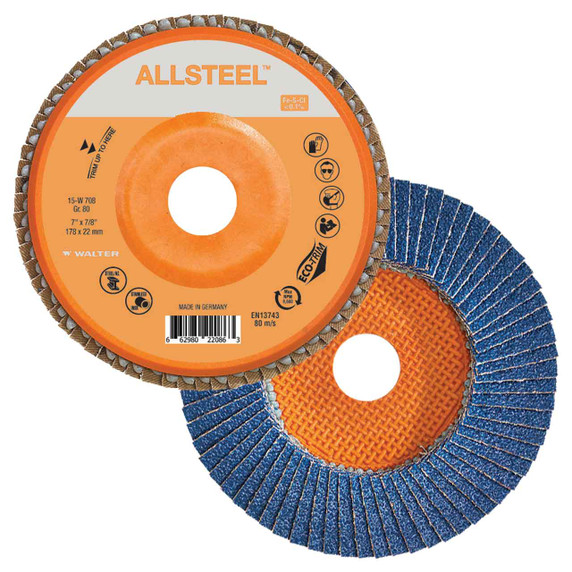 Walter 15W708 7x7/8 ALLSTEEL Flap Disc with Eco-Trim Backing 80 Grit Type 27, 10 pack