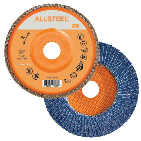 Walter 15W706 7x7/8 ALLSTEEL Flap Disc with Eco-Trim Backing 60 Grit Type 27, 10 pack