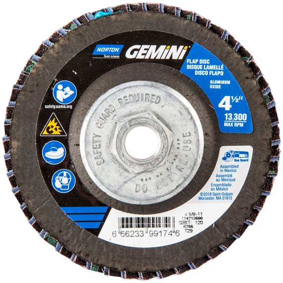 Norton 66623399174 4-1/2x5/8-11” Gemini R766 Zirconia Alumina Aluminum Oxide Type 29 Flap Discs, 120 Grit, Medium, 10 pack