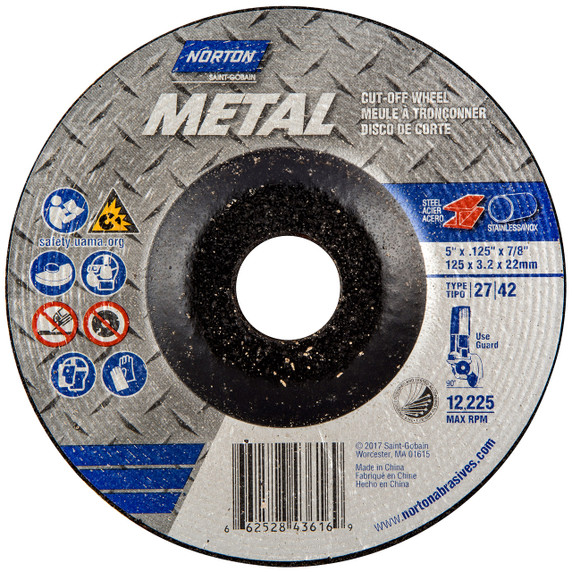 Norton 66252843616 5x1/8x7/8 In. Metal AO Grinding and Cutting Wheels, Type 27, 24 Grit, 25 pack