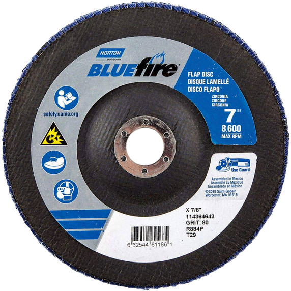 Norton 66254461186 7x7/8” BlueFire R884P Zirconia Alumina Plus Type 29 Flap Discs, 80 Grit, Coarse, 10 pack