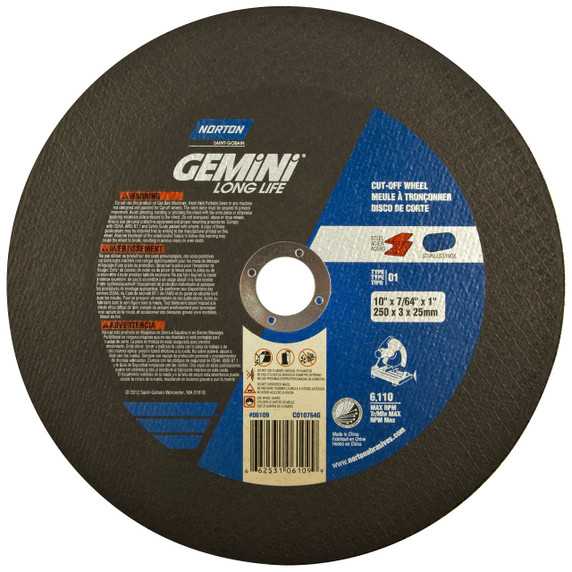 Norton 66253106109 10x7/64x1 In. Gemini AO Chop Saw Cut-Off Wheels, Long Life, Type 01/41, 36 Grit, 10 pack