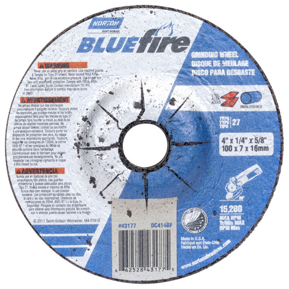 Norton 66252843177 4x1/4x5/8 In. BlueFire ZA/AO Grinding Wheels, Type 27, 24 Grit, 25 pack