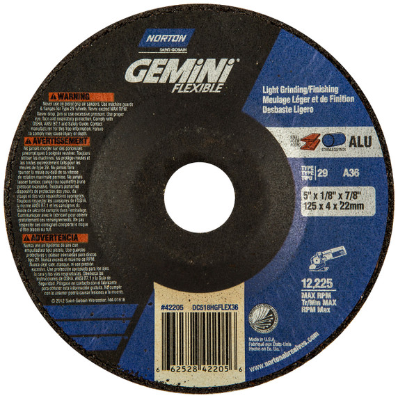 Norton 66252842205 5x1/8x7/8 In. Gemini Flexible AO Grinding and Cutting Wheels, Type 29, 36 Grit, 25 pack
