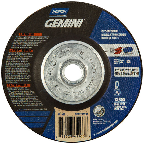 Norton 66252841903 4-1/2x3/32x5/8 - 11 In. Gemini AO Right Angle Cut-Off Wheels, Type 27/42, 30 Grit, 10 pack