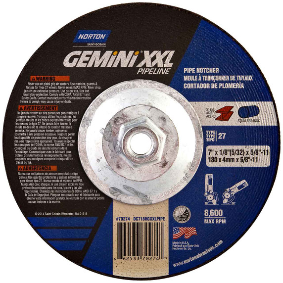 Norton 66253370274 7x1/8x5/8 - 11 In. Gemini XXL Pipeline AO Depressed Center Wheels, Type 27, 30 Grit, 10 pack