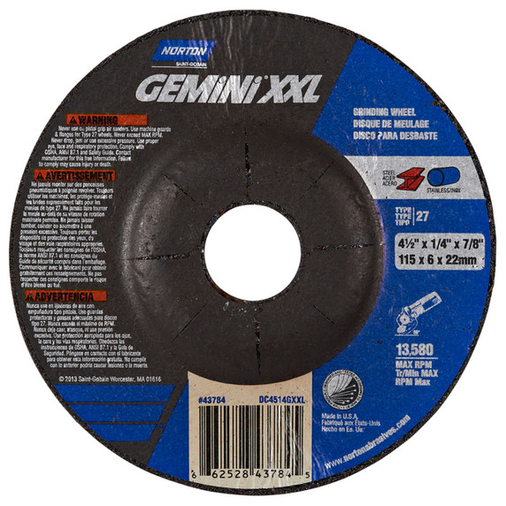 Norton 66252843784 4-1/2x1/4x7/8 In. Gemini XXL Ceramic Coated AO Grinding Wheels, Type 27, 24 Grit, 25 pack