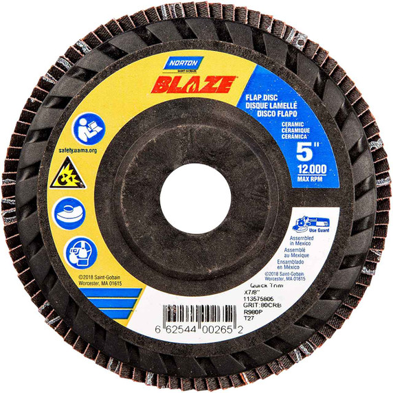 Norton 66254400265 5x7/8” Blaze R980P Ceramic Alumina Type 27 Quick Trim Flap Discs, 80 Grit, Coarse, 10 pack