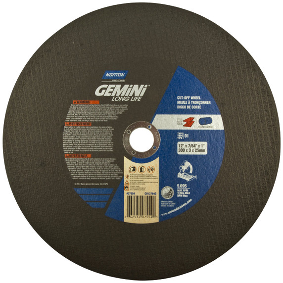 Norton 66253207554 12x7/64x1 In. Gemini AO Chop Saw Cut-Off Wheels, Long Life, Type 01/41, 36 Grit, 10 pack