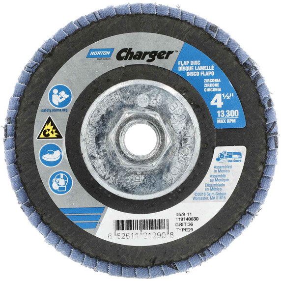Norton 66261121290 4-1/2x5/8-11 In. Charger R822 ZA Arbor Thread Fiberglass Conical Flap Discs, Extra Coarse, P36 Grit, 5 pack