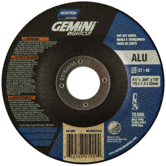 Norton 66252841909 4-1/2x.045x7/8 In. Gemini RightCut ALU AO Right Angle Cut-Off Wheels, Type 27/42, 24 Grit, 25 pack