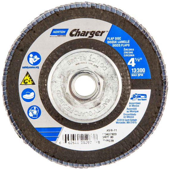 Norton 66261121287 4-1/2x5/8-11 In. Charger R822 ZA Arbor Thread Fiberglass Conical Flap Discs, Coarse, P80 Grit, 5 pack