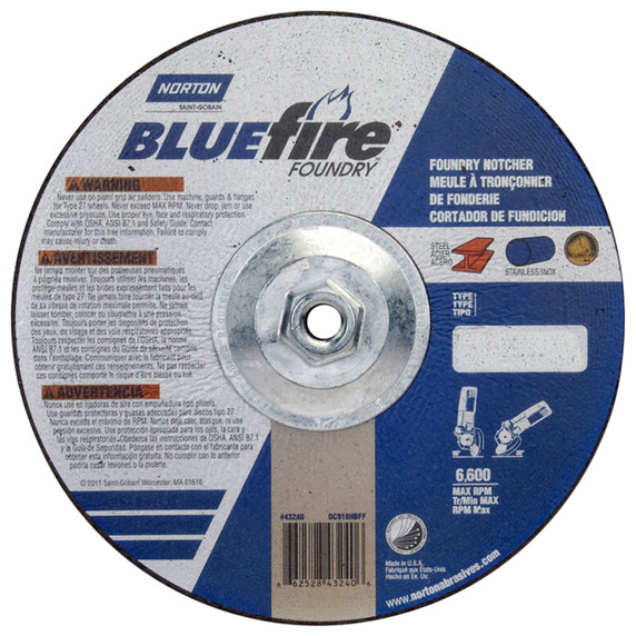 Norton 66252843240 9x1/8x5/8 - 11 In. BlueFire ZA/SC Foundry Cutting and Light Grinding Wheels, Type 27, 24 Grit, 10 pack