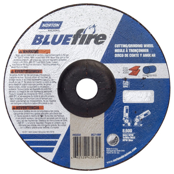 Norton 66252843234 7x1/8x7/8 In. BlueFire ZA/AO Grinding and Cutting Wheels, Type 27, 30 Grit, 20 pack