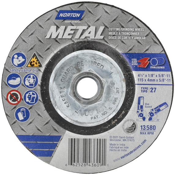 Norton 66252843609 4-1/2x1/8x5/8 - 11 In. Metal AO Grinding and Cutting Wheels, Type 27, 24 Grit, 10 pack