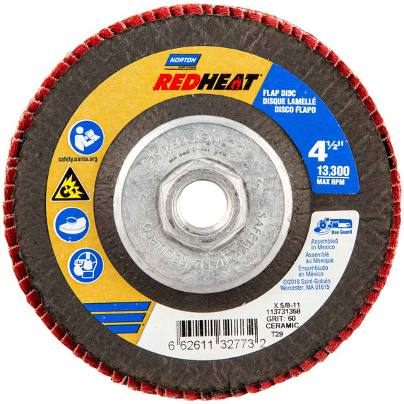 Norton 66261132773 4-1/2x5/8-11 In. Red Heat R983 CA Coarse Grit Flap Discs, HD Fiberglass, 60 Grit, 10 pack