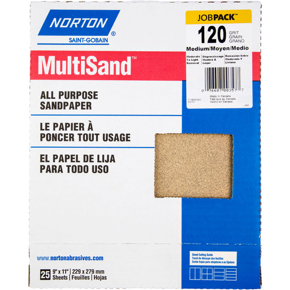 Norton 7660700357 9x11" MultiSand JobPack A213 Aluminum Oxide Open Coat Paper Sanding Sheets, 120 Grit, 10 pack
