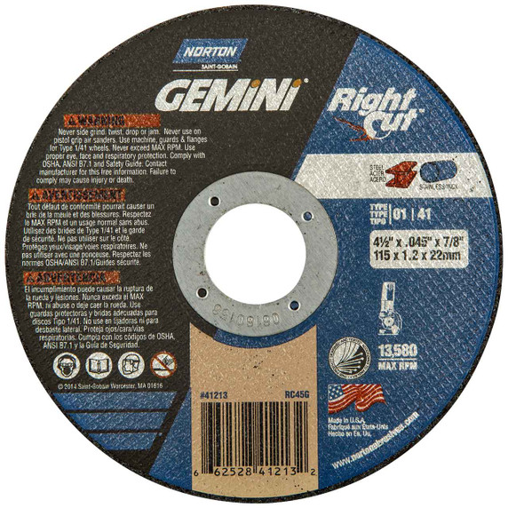 Norton 66252841213 4-1/2x.045x7/8 In. Gemini RightCut Bulk AO Reinforced Right Angle Cut-Off Wheels, Type 01/41, 36 Grit, 250 pack
