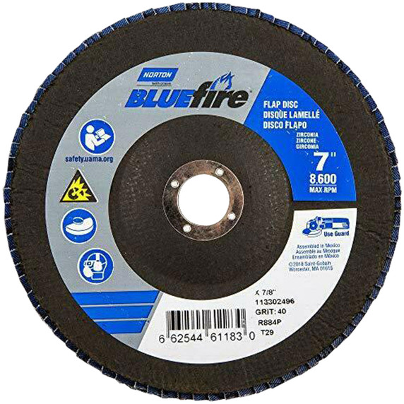 Norton 66254461183 7x7/8” BlueFire R884P Zirconia Alumina Plus Type 29 Flap Discs, 40 Grit, Coarse, 10 pack