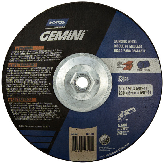 Norton 66253049106 9x1/4x5/8 - 11 In. Gemini AO Saucer Wheels, Type 28, 24 Grit, 10 pack