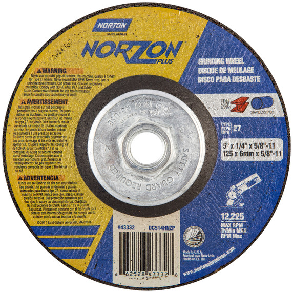 Norton 66252843332 5x1/4x5/8 - 11 In. NorZon Plus SGZ CA/ZA Grinding Wheels, Type 27, 20 Grit, 10 pack