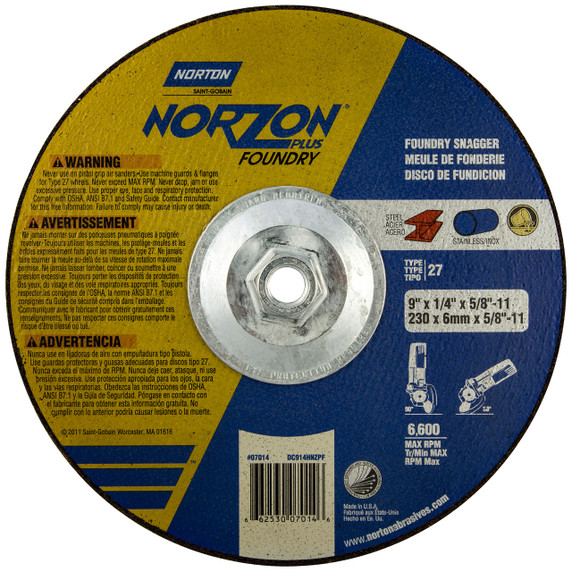 Norton 66253007014 9x1/4x5/8 - 11 In. NorZon Plus SG CA/ZA Foundry Grinding Wheels, Type 27, 24 Grit, 10 pack