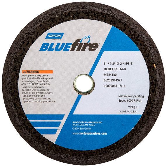 Norton 66253146922 6x2x5/8-11 In. BlueFire ZA Non-Reinforced Portable Snagging Wheels, Type 11, 16 Grit, 5 pack