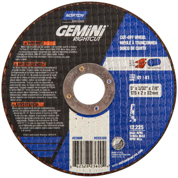 Norton 66252823600 5x3/32x7/8 In. Gemini RightCut AO Reinforced Right Angle Cut-Off Wheels, Type 01/41, 46 Grit, 25 pack