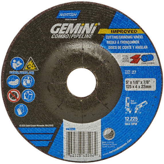 Norton 66252843596 5x1/8x7/8 In. Gemini Combo Pipeline AO Grinding and Cutting Wheels, Type 27, 24 Grit, 25 pack