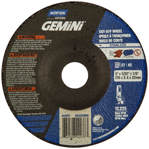 Norton 66252842037 5x3/32x7/8 In. Gemini INOX/SS AO Right Angle Cut-Off Wheels, Type 27/42, 30 Grit, 25 pack