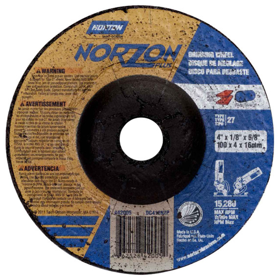 Norton 66252842005 4x1/8x5/8 In. NorZon Plus SGZ CA/ZA Grinding and Cutting Wheels, Type 27, 24 Grit, 25 pack