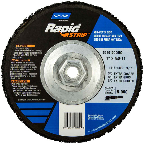 Norton 66261009650 7x5/8-11” Bear-Tex Rapid Strip Silicon Carbide Non-Woven Depressed Center Discs, Extra Coarse, 10 pack