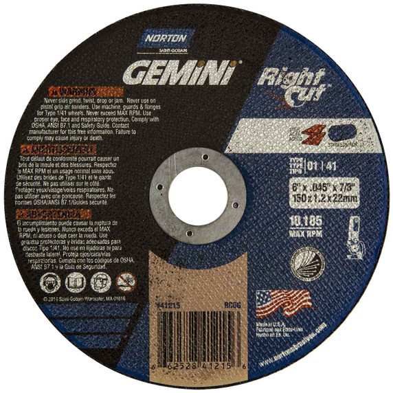 Norton 66252841215 6x.045x7/8 In. Gemini RightCut Bulk AO Reinforced Right Angle Cut-Off Wheels, Type 01/41, 36 Grit, 250 pack