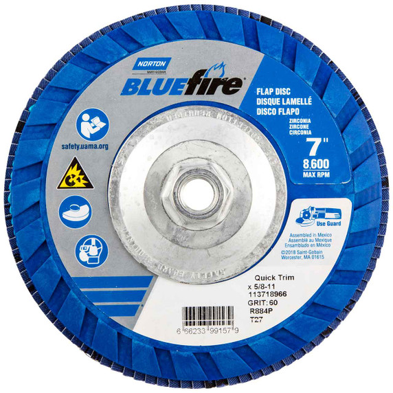 Norton 66623399157 7x5/8-11” BlueFire R884P Zirconia Alumina Plus Type 27 Quick Trim Flap Discs, 60 Grit, Coarse, 10 pack