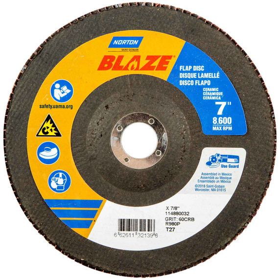 Norton 66261132139 7x7/8” Blaze R980P Ceramic Alumina High Density Type 27 Flap Discs, 60 Grit, Coarse, 10 pack