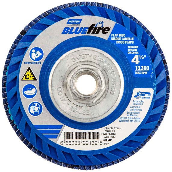 Norton 66623399139 4-1/2x5/8-11” BlueFire R884P Zirconia Alumina Plus Type 27 Quick Trim Flap Discs, 80 Grit, Coarse, 10 pack