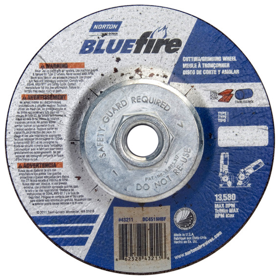 Norton 66252843211 4-1/2x1/8x5/8 - 11 In. BlueFire ZA/AO Grinding and Cutting Wheels, Type 27, 30 Grit, 10 pack