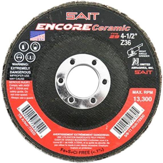 United Abrasives SAIT 72820 4-1/2x7/8 Encore Ceramic Type 29 No Hub High Performance Flap Discs 36 Grit, 10 pack