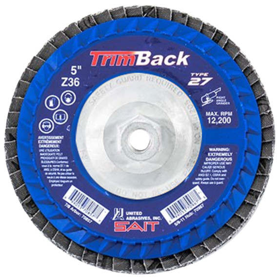 United Abrasives SAIT 70967 5x5/8-11 Trimback Type 27 Super Lock Hub Zirconium Flap Disc 36 Grit, 10 pack